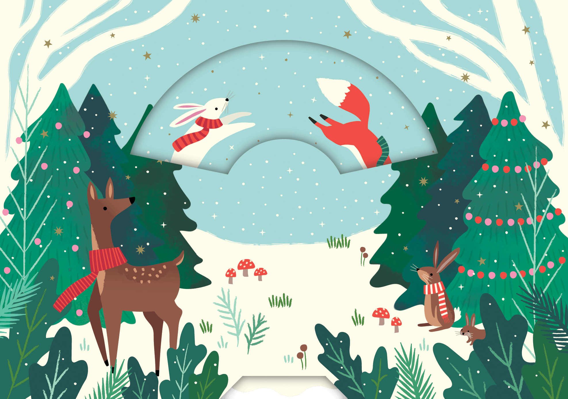 Seasonal Fox and Deer Christmas card by Pictura featuring festive holiday imagery with woodland animals and winter scenery.